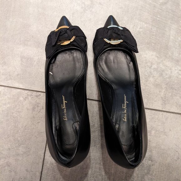 Salvatore Ferragamo Pointed Toe Pump Black Size 7C Bow Embellished Made In Italy - Picture 5 of 12